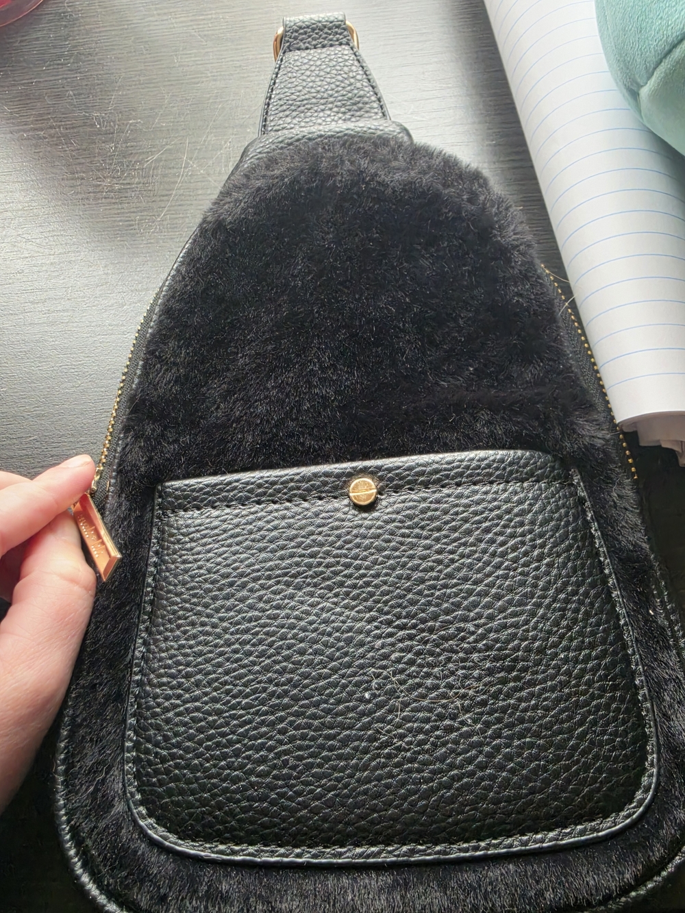 Mali + Lili Black Leather and Fur Crossbody with Gold Accent - Picture 2 of 4